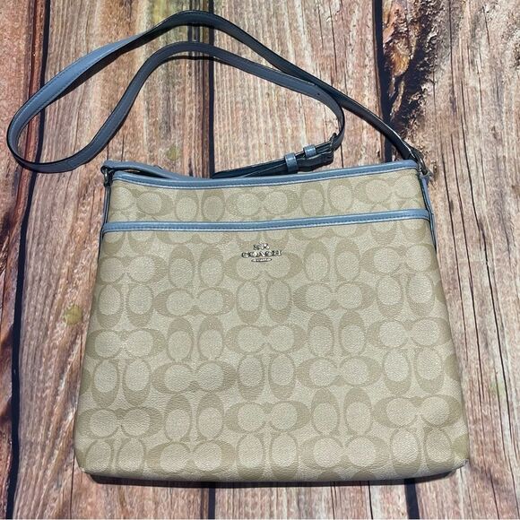 Coach Handbags - COACH file crossbody bag Signature tan blue silver hardware F58297 Preowned